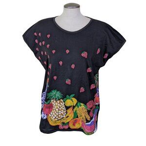 Womens Vintage Hand Painted T Shirt Wearable Art Fruit Black Multicolor Cotton
